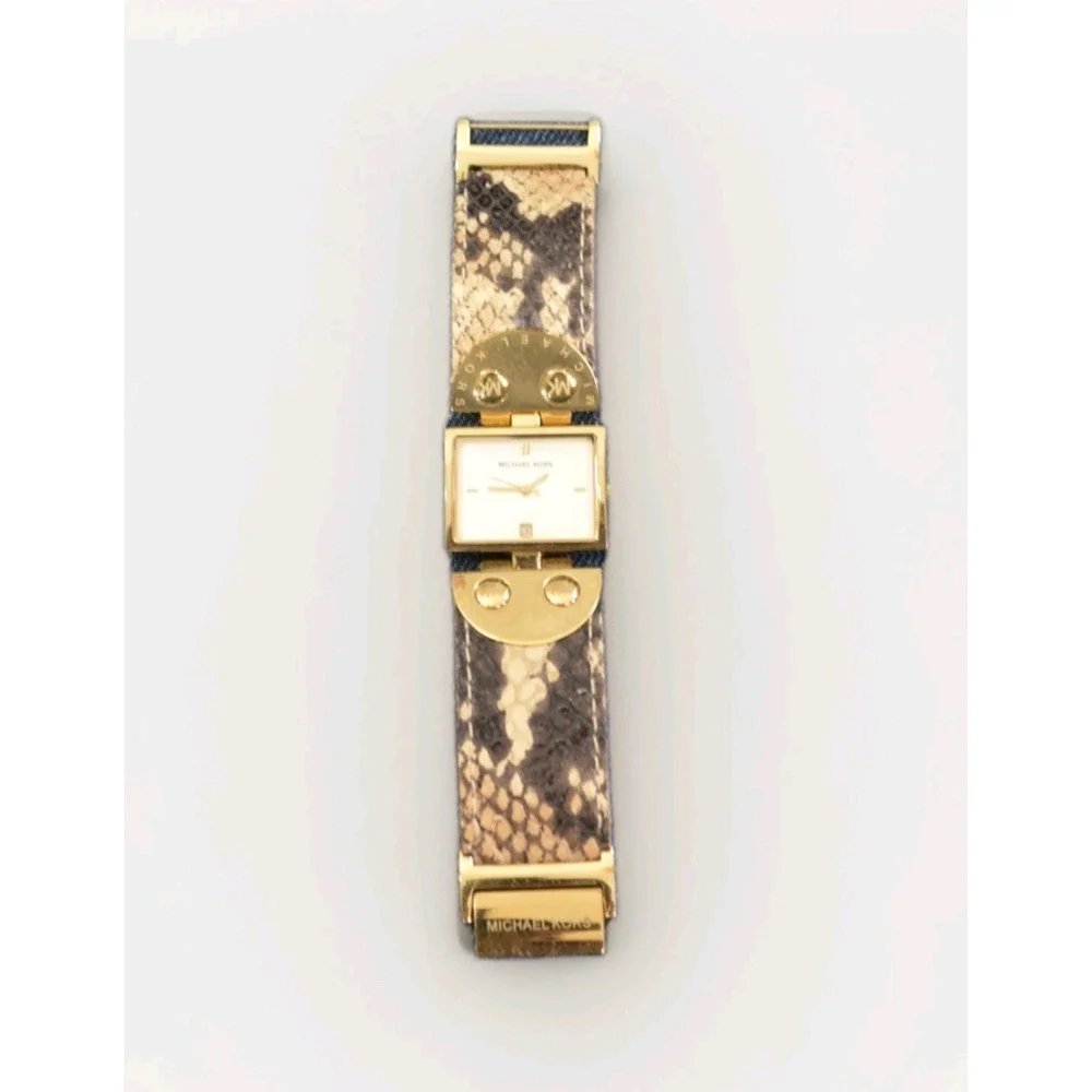 Michael Kors MK2114 Gold Square Watch Brown Python Snake Leather Band Date Dial